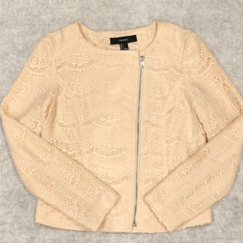 Cream Floral Lace Asymmetric Zip Moto Jacket